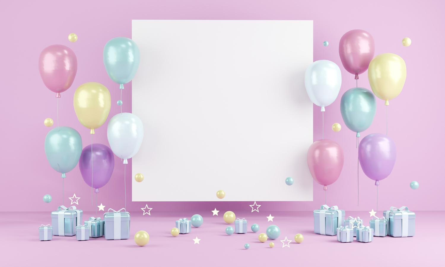 3D Render Balloons and Gift Boxes Backdrop